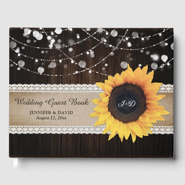 Livro De Visitas Rústico Wood Burlap Sunflower Wedée Guest Book (Frente)