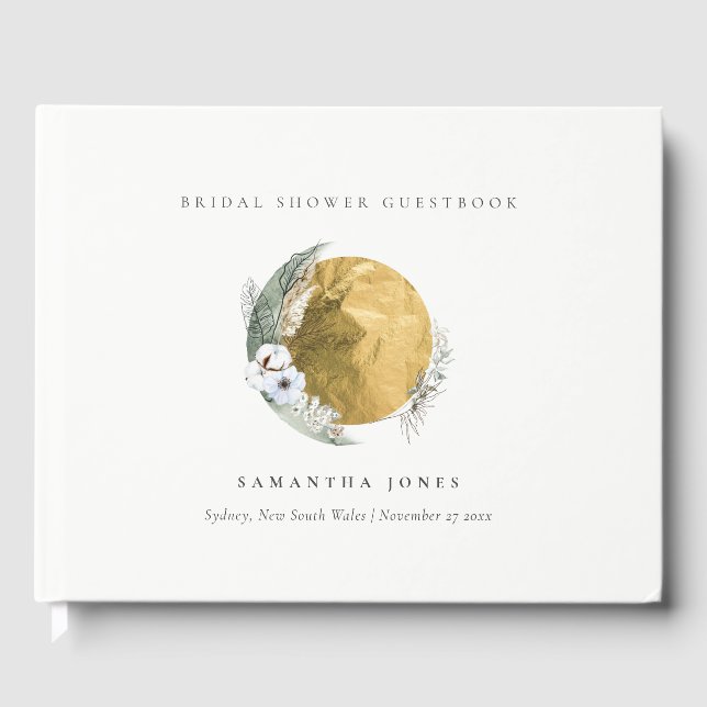 Livro De Visitas Saga Boho Gold Verde Grinalda Floral Chá de Noiva (Frente)