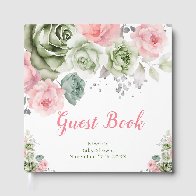 Livro De Visitas Sage Green and Pink Floral Baby Shower (Frente)