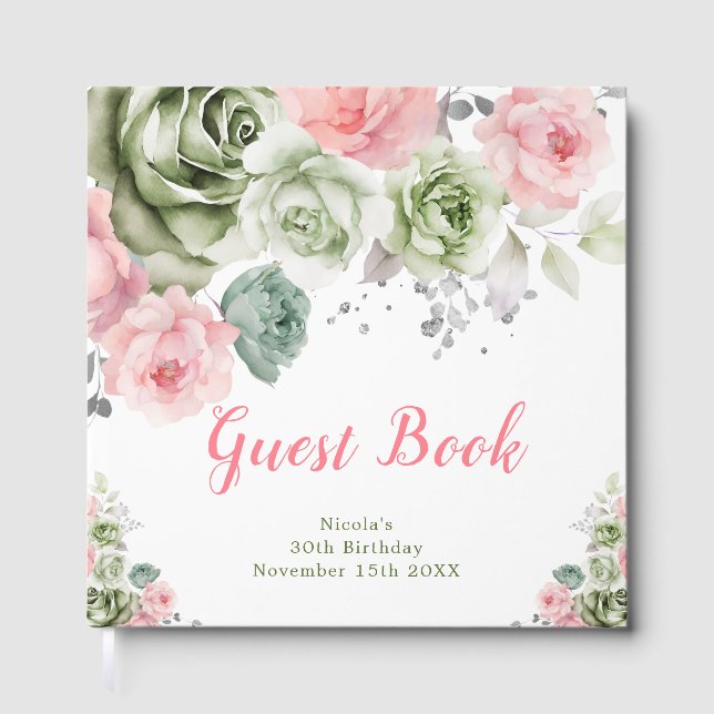 Livro De Visitas Sage Green and Pink Floral Birthday Party (Frente)