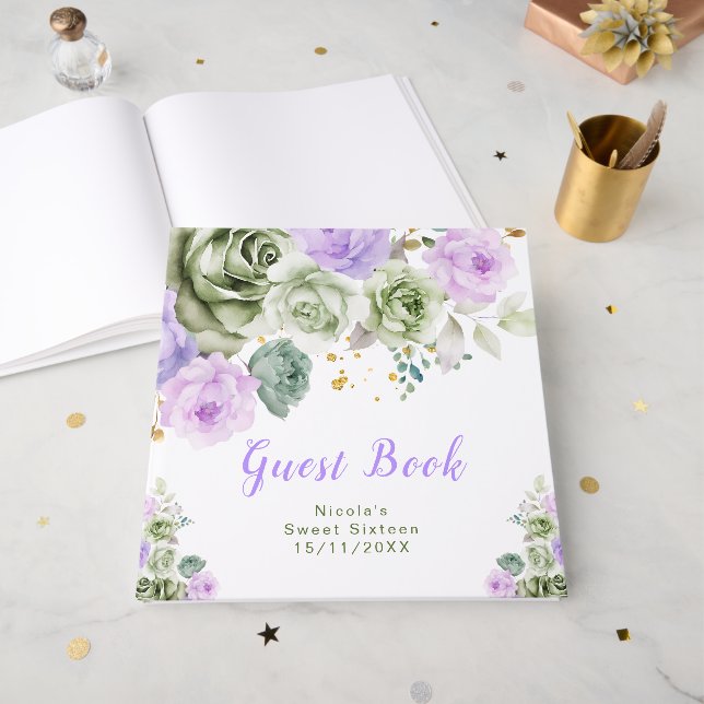 Livro De Visitas Sage Green and Purple Floral Sweet Sixteen (Frente aberta)