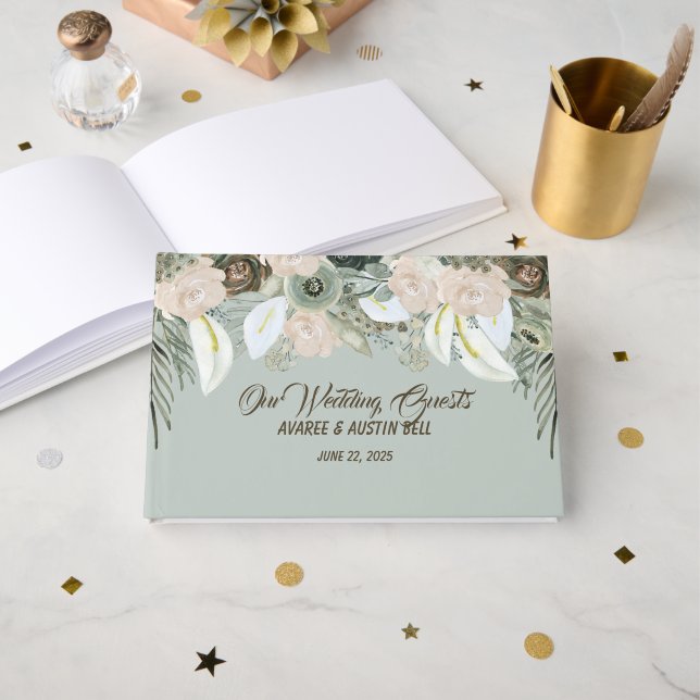 Livro De Visitas Sage Green and Vanilla Cream Wedding Guest Book (Frente aberta)