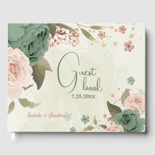 Livro De Visitas sage green blush floral casamento (Frente)