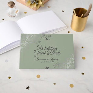 Livro De Visitas Sage Green & Cinza Frilly Filigree Casamento Elega