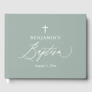 Livro De Visitas Sage Green Cross Boy Baptism Guest Book