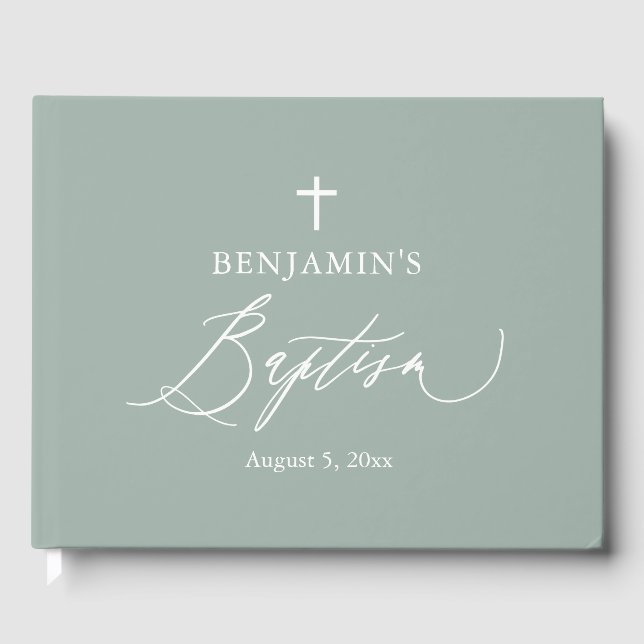 Livro De Visitas Sage Green Cross Boy Baptism Guest Book (Frente)