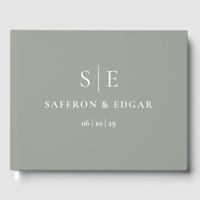 Livro De Visitas Sage Green Elegant Monograma Wedding (Frente)
