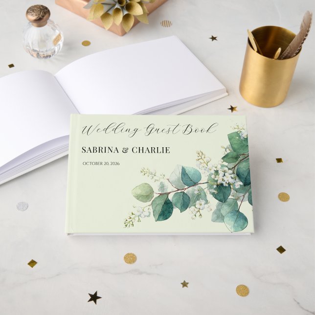 Livro De Visitas Sage Green Eucalyptus Elegant Boho Wedding (Frente aberta)