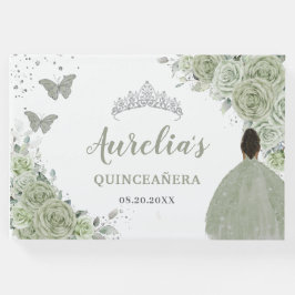 Livro De Visitas Sage Green Floral Brown Girl Princess Quinceañera