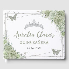 Livro De Visitas Sage Green Floral Butflies Silver Quinceañera
