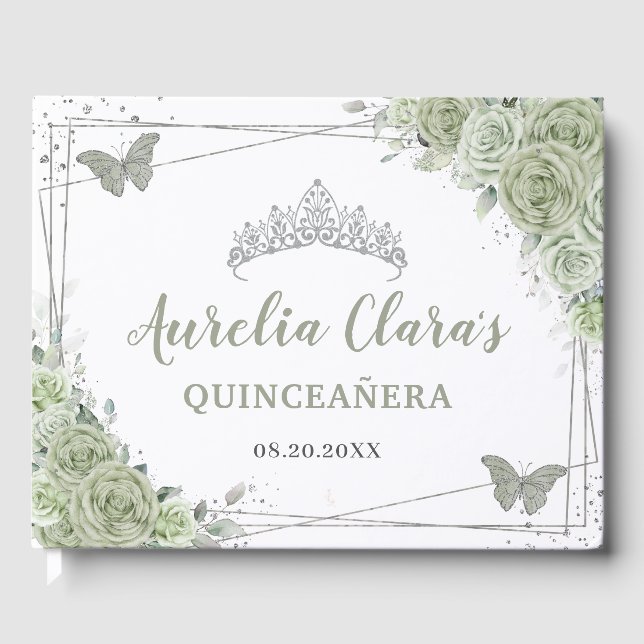 Livro De Visitas Sage Green Floral Butflies Silver Quinceañera (Frente)