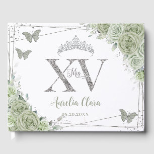 Livro De Visitas Sage Green Floral Butflies Silver Quinceañera