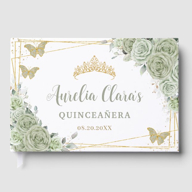 Livro De Visitas Sage Green Floral Butterflips Dourada Quinceañera (Frente)