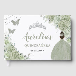 Livro De Visitas Sage Green Floral Rosa Princesa Silver Quinceañera