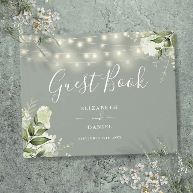 Livro De Visitas Sage Green Floral String Luzes Casamento (Sage Green Floral String Lights Wedding Guest Book)