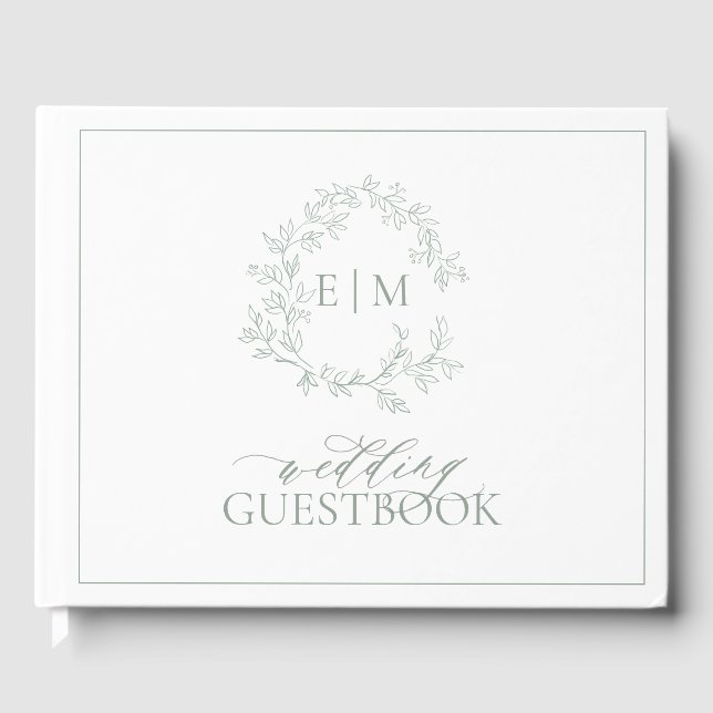 Livro De Visitas Sage Green Leafy Crest Monograma Casamento (Frente)