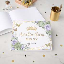 Livro De Visitas Sage Green Purple Floral Butterflies Quinceanera