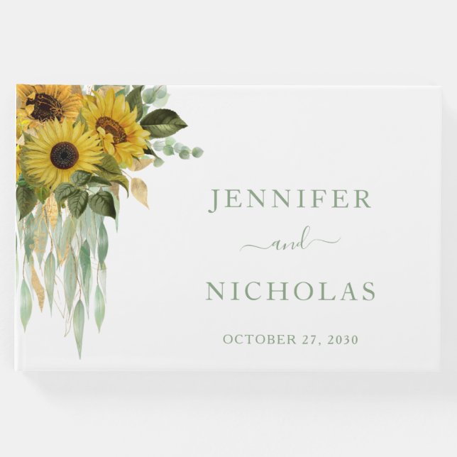 Livro De Visitas Sage Green Script Sunflower Eucalyptus Wedding (Frente)