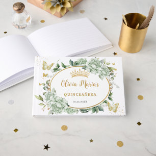 Livro De Visitas Sage Verde Floral Borboletas Dourado Quinceanera 1
