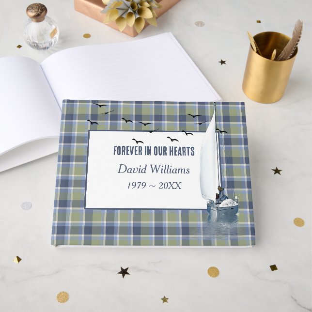 Livro De Visitas Sailboat On Plaid For Memorial Service (Frente aberta)
