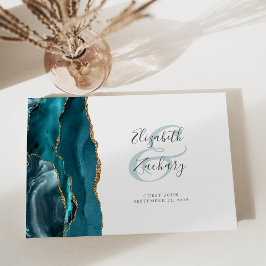 Livro De Visitas Script Dourado de Agate Azul Teal Moderno