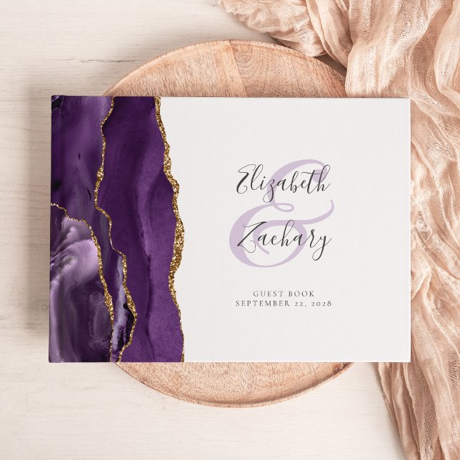 Livro De Visitas Script Dourado de Agate Roxo Moderno (Criador carregado)