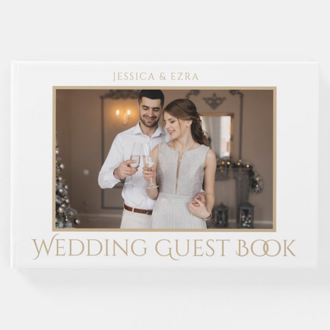 Livro De Visitas Script Elegante Branco e Dourado | Foto (Frente)