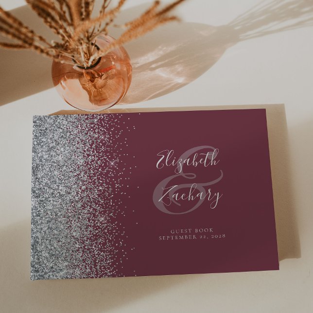 Livro De Visitas Script Glitter de Prata Moderno Burgundy (Criador carregado)