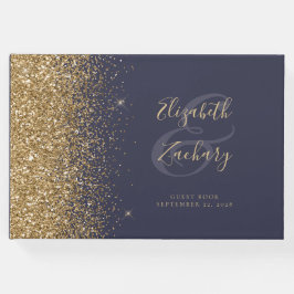 Livro De Visitas Script Moderno com Brilho Dourado e Azul Escuro