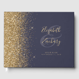 Livro De Visitas Script Moderno com Brilho Dourado e Azul Escuro