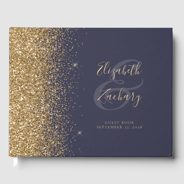 Livro De Visitas Script Moderno com Brilho Dourado e Azul Escuro (Frente)