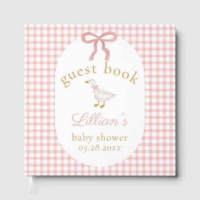 Livro De Visitas Silly Goose Pink Gingham Girl Baby Shower (Frente)