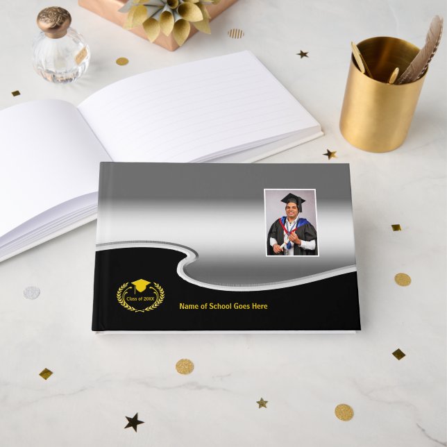 Livro De Visitas Silver and Black design Photo Gold Text (Frente aberta)