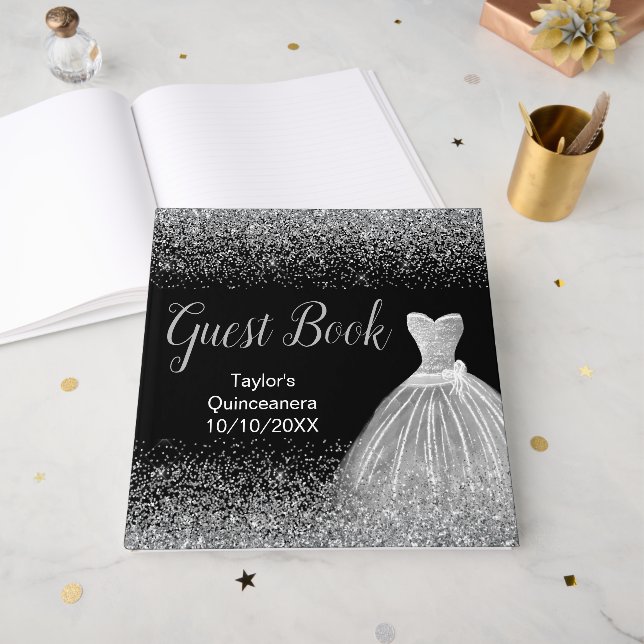 Livro De Visitas Silver Dress Faux Glitter Quinceanera (Frente aberta)