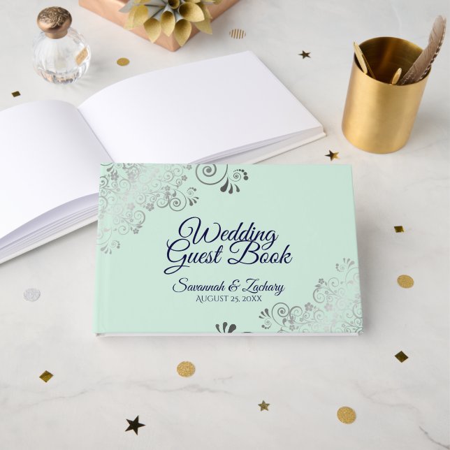 Livro De Visitas Silver Frills Mint Green & Marinho Elegant Weding (Frente aberta)