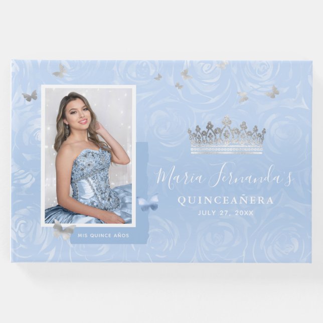 Livro De Visitas Silver Light Baby Blue Rosa Foto Quinceanera (Frente)