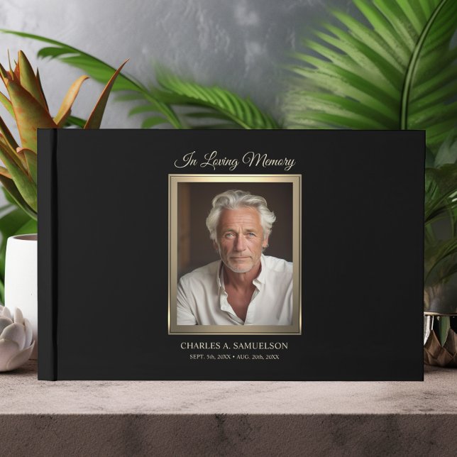 Livro De Visitas Simpatia Moderna FOTO Dourada Masculina A Preto (Modern Sympathy Masculine Gold Black PHOTO Guest Book)
