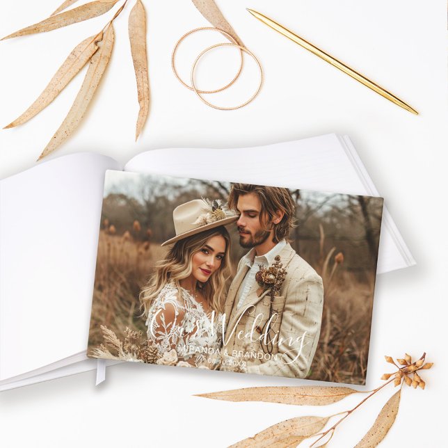Livro De Visitas Simple Chic Elegant Calligraphy Photo Wedding (Criador carregado)