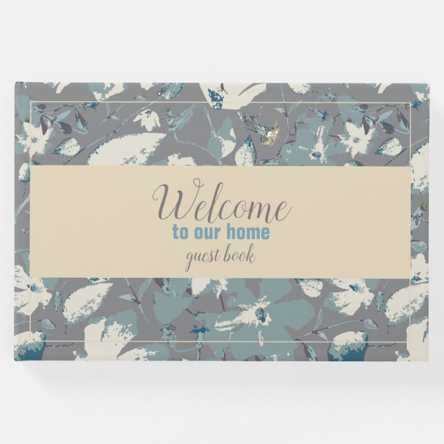Livro De Visitas Simples Cinza Azul Creme Floral (Frente)