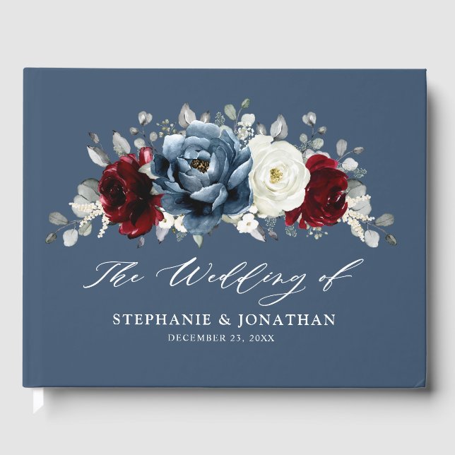 Livro De Visitas Slate Blue Burgundy White Ivory Floral Wedch Gu (Frente)