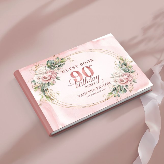 Livro De Visitas Soft Pale Pink Gold Greenery 90th Birthday Guest   (Soft Pale Pink Gold Greenery 90th Birthday Guest Book)