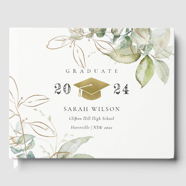 Livro De Visitas Soft Pastel Gold Green Foliage Graduation Cap (Frente)