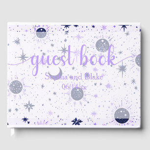 Livro De Visitas Sol Celestial Negro e Roxo Estrelas Casamento