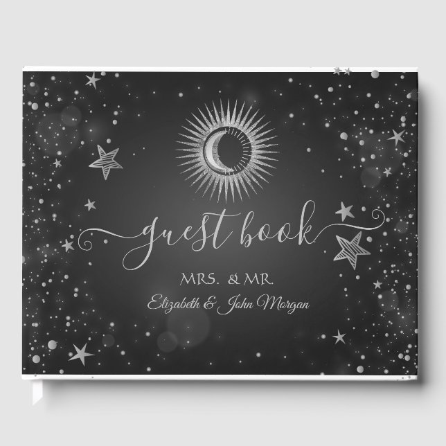 Livro De Visitas Sol Prateado Celestial, Lua, Estrelas Escuro (Frente)