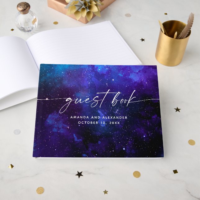 Livro De Visitas Space Celestial Wedding | Elegant Galaxy Cosmic (Frente aberta)