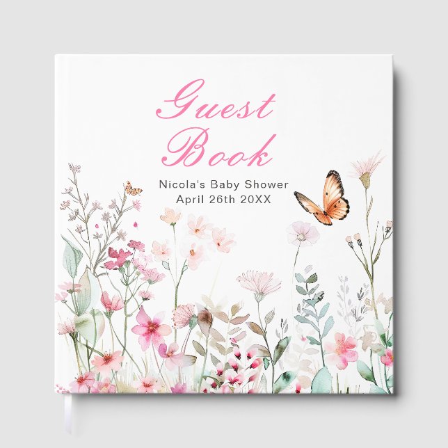 Livro De Visitas Spring Deep Pink Butterfly Floral Baby Shower (Frente)