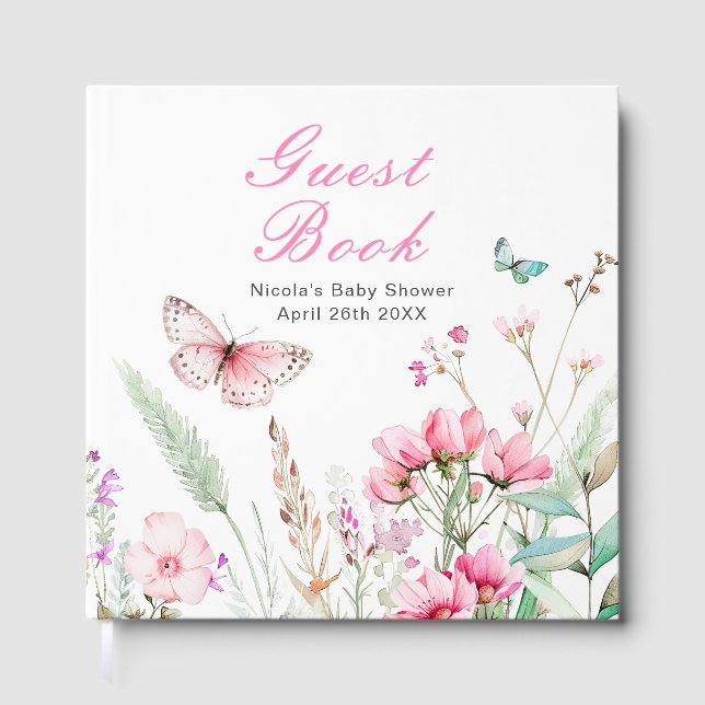 Livro De Visitas Spring Pink Butterfly Floral Baby Shower (Frente)