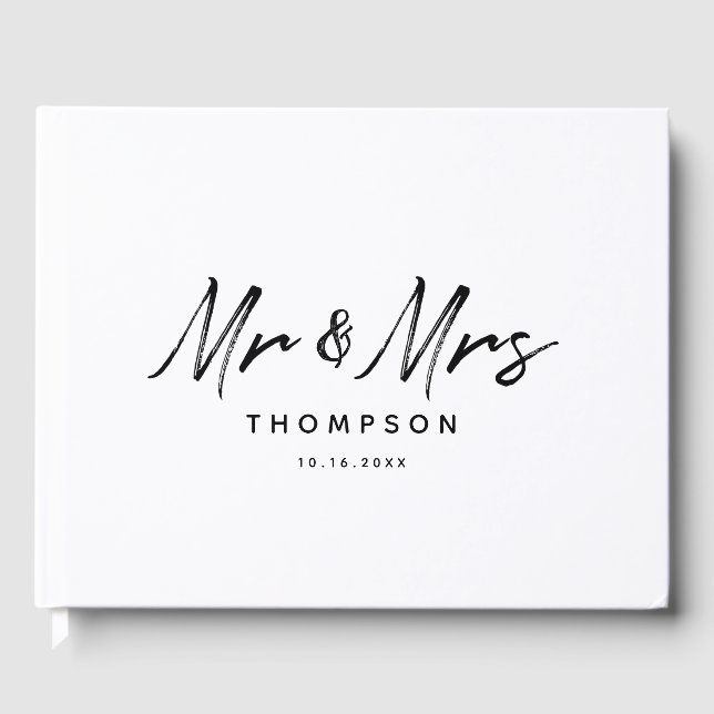 Livro De Visitas Sr. Casamento de Script Branco Preto & Moderno (Frente)
