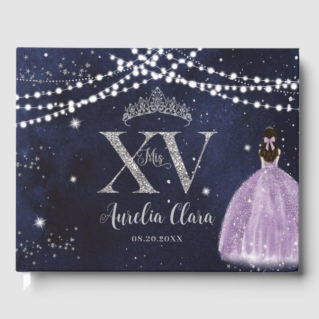 Livro De Visitas Starry Night Purple Lilac Quinceañera Aniversário (Frente)