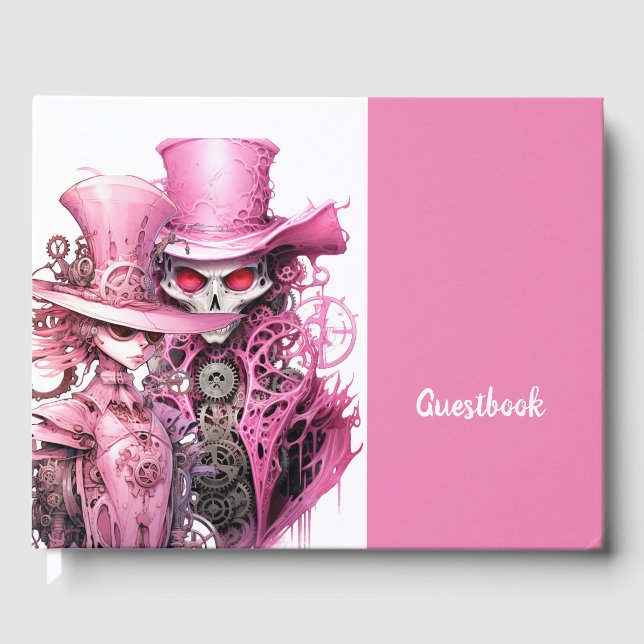 Livro De Visitas Steampunk de Casamento de Esqueleto Rosa (Frente)